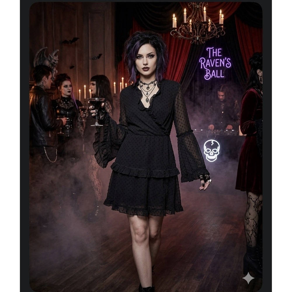 Black Swiss Dot Tiered Ruffle Mini Dress - Size Large